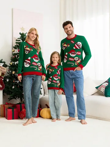 Suéter de Navidad Festivo de Acrílico Jacquard con Reno y Papá Noel Cuello Redondo Manga Larga para Familia Parejas Fiesta de Navidad