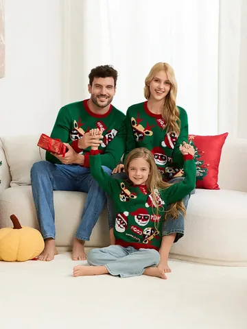 Suéter de Navidad Festivo de Acrílico Jacquard con Reno y Papá Noel Cuello Redondo Manga Larga para Familia Parejas Fiesta de Navidad