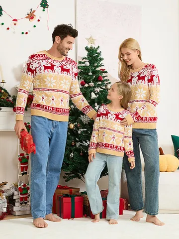 Familie Matchende Kerst Rendier Sneeuwvlok Jacquard Acryl Gebreide Trui Top Voor Heren Dames Kinderen Feestkleding