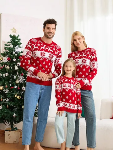 Weihnachten Familien Look Rentier Schneeflocke Jacquard Strickpullover Rundhals Langarm Casual Festlich Pullover Top