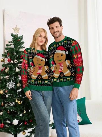 Dames Kerstmis Peperkoekmannetje Jacquard Gebreide Trui Feestelijk Groen Lange Mouw Ronde Hals Losse Pullover Top