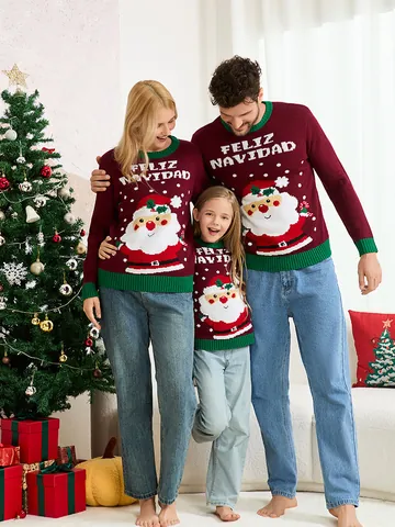 Suéter de Navidad Jacquard de Acrílico Papá Noel Jersey Manga Larga Color de Contraste Suéter de Punto Familiar para Invierno