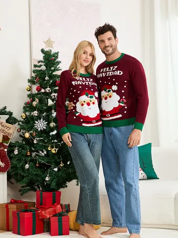 Suéter de Navidad Jacquard de Acrílico Papá Noel Jersey Manga Larga Color de Contraste Suéter de Punto Familiar para Invierno