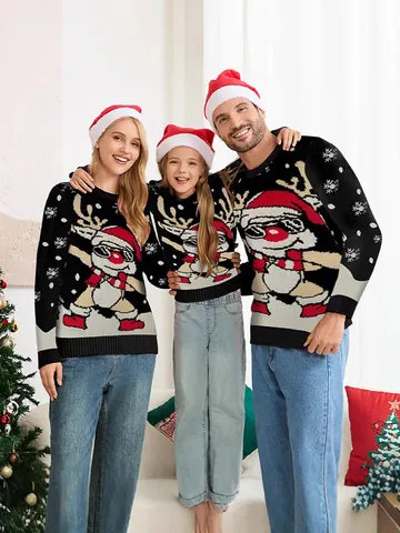 Kerst Rendier Jacquard Trui Viscosemix Losse Feestelijke Pullover Top Voor Heren Dames Kinderen Familie Gebreide Kleding