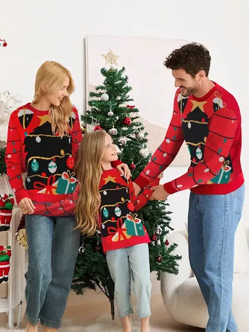 Suéter de Punto Jacquard de Árbol de Navidad Rojo Estilo Relajado Holgado Top para Mujeres Hombres Niños Familia Navidad Fiesta
