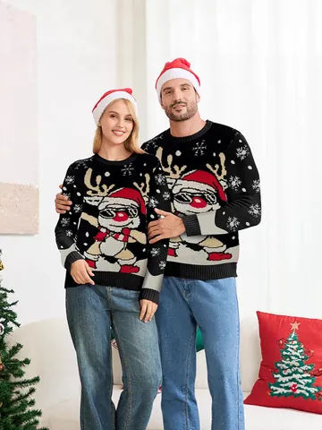 Kerst Rendier Jacquard Trui Viscosemix Losse Feestelijke Pullover Top Voor Heren Dames Kinderen Familie Gebreide Kleding