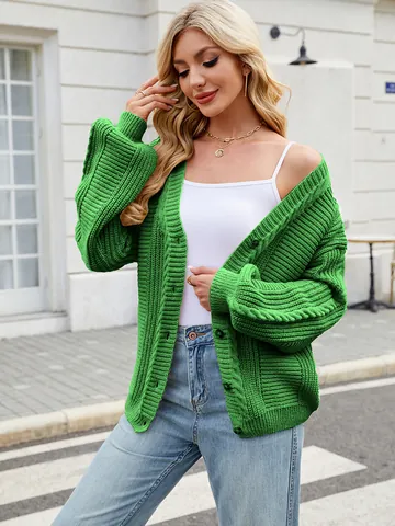 Women Lazy Style Loose Cardigan Sweater Autumn Winter V-Neck Cable Knit Long Sleeve Polyester Button Down Top Sweater