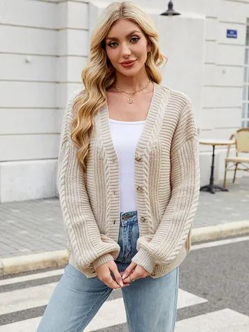 Women Lazy Style Loose Cardigan Sweater Autumn Winter V-Neck Cable Knit Long Sleeve Polyester Button Down Top Sweater