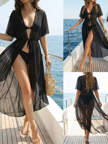 Dames Sexy Doorschijnend Gaas Bikini Cover-up Onregelmatige Zoom Taille met Koord Zomer Strand Cardigan Zonbescherming Top