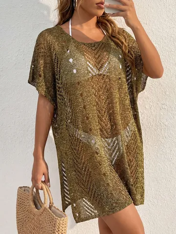 Women Sexy Sheer Metallic Silk Knit Beach Bikini Cover Up Dress V Neck Short Sleeve Hollow Out Summer Resort Wear Top