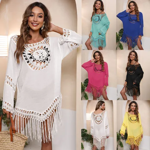 Vestido Playero Bohemio de Ganchillo para Mujer Con Borlas Calado de Punto para Cubrir el Bikini Ropa de Playa de Verano