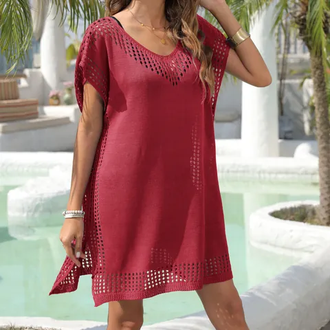 Women's Casual V-Neck Hollow-Out Knitted Beach Cover-Up Dress Loose Splicing Vacation Swimwear Coverup Kaftan Beach Skirt