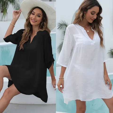Salida de Playa con Cuello en V Profundo para Mujer Vestido Camisero Holgado de Color Sólido Sexy Ropa de Baño Verano