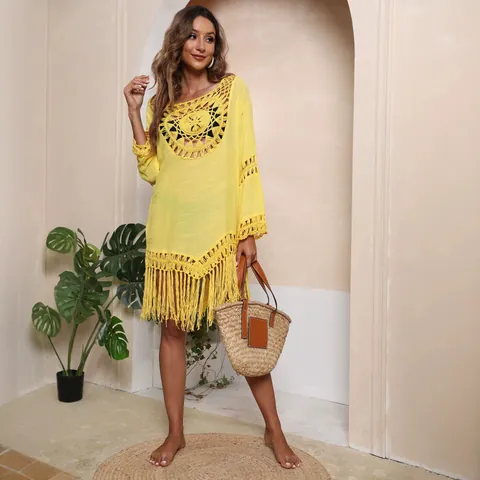 Vestido Playero Bohemio de Ganchillo para Mujer Con Borlas Calado de Punto para Cubrir el Bikini Ropa de Playa de Verano