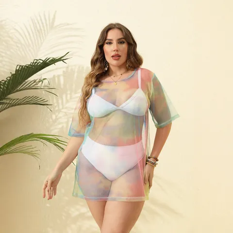 Vestito Copricostume in Mesh Trasparente da Donna Taglie Forti con Stampa Tie-Dye Manica Corta Girocollo Casual T-Shirt Estate