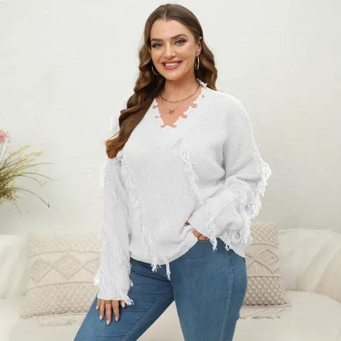 Women Plus Size V Neck Tassel Pullover Sweater Elegant Patchwork Fringed Long Sleeve Knit Top Winter Warm Acrylic Jumper