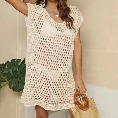 Damen Sexy Strand Cover Up Häkeln V-Ausschnitt Ärmellos Seitenschlitz Bikini Badeanzug Wickel Urlaubs-Top Für Den Sommerurlaub
