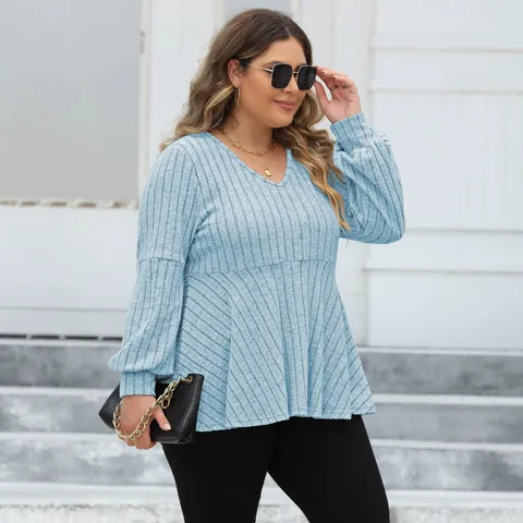 Women Plus Size V Neck Ribbed T-Shirt Lantern Sleeve Peplum Top Casual Ribbed Knit Long Sleeve Tunic Blouse Loose Winter Pullover