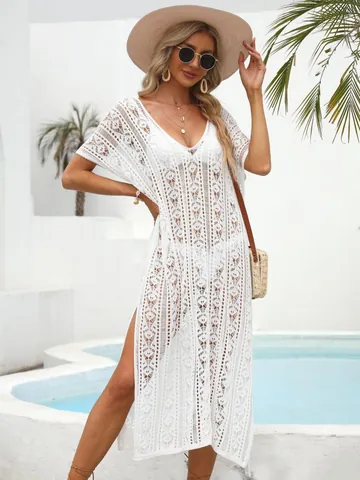 Women Crochet Hollow Out Beach Cover Up Deep V-Neck Bikini Swimwear Vacation Knit Dress Solid Color Summer Beachwear