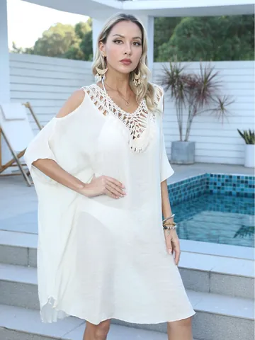 Women Sexy Backless Crochet Patchwork Beach Dress Cold Shoulder Lace Up Loose Polyester Cover Up Bohemian Resort Beachwear