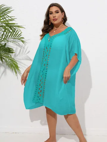 Women Plus Size Crochet Patchwork Beach Cover Up V Neck Loose Caftan Beachwear Summer Vacation Bikini Coverup Dress