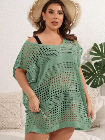 Plus Size Women Hollow Out Polyester Knit Beach Cover Up Loose V-Neck Bikini Crochet Dress Solid Color Summer Resort Swimwear