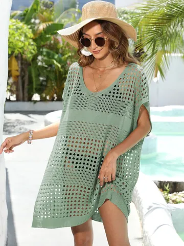 Vestido Cubreplaya de Punto Calado para Mujer Suelto Cuello en V Crochet Bikini Traje de Baño Vacaciones Bohemio Ropa de Playa
