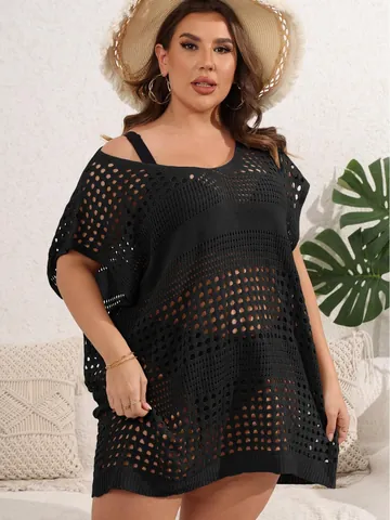 Damen Übergröße Strand Überwurf Ausschnitt Genäht Strickkleid Locker V-Ausschnitt Bikini Kittel Für Sommer Urlaub Reisen Reise Kittel