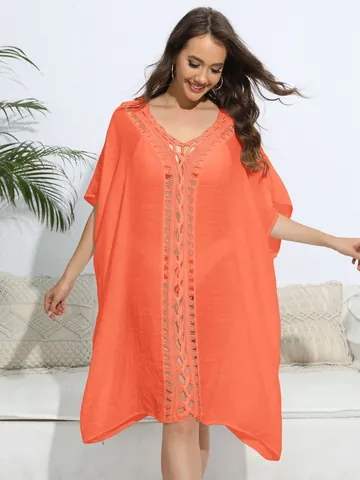 Damen Casual Einfarbig Häkeln Hohl Aus Strand Vertuschung Lose Kaftan Kleid Für Sommer Urlaub Bikini Badeanzug Oberbekleidung