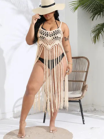 Women Plus Size Crochet Beach Cover Up Dress With Tassels Hollow Out Sleeveless Bohemian Vacation Knitted Sundress Polyester Sarong