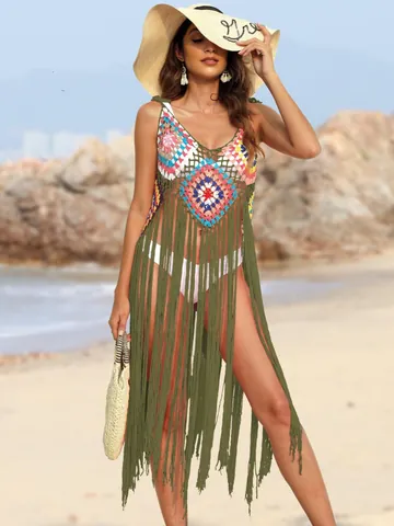 Femmes Bohémien Crochet Fait Main Cache-Maillot de Plage Sexy Col en V Ajouré Gland Patchwork Solaire Bikini Smock Robe de Bain