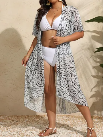 Women's Plus Size Polka Dot Print Beach Cover-Up Cardigan Irregular Hem Tie-Waist Sun Protection Mesh Vacation Top