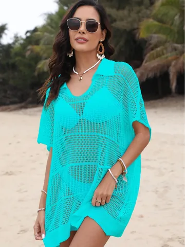 Copricostume da Spiaggia Sexy da Donna Tessuto a Macchina Scollo a V Manica Corta in Maglia a Rete Bikini Wrap Allentato Top Resort Estivo