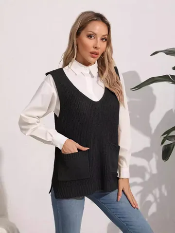 Women Casual V-Neck Knit Sweater Vest Solid Color Double Pocket Sleeveless Top Fashion Acrylic Waistcoat For Streetwear Daily Wear