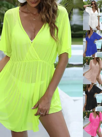 Robe de Plage Sexy en Maille Transparente pour Femmes Col en V Profond Manches Courtes Taille Élastique Ourlet Irrégulier Paréo
