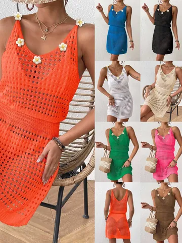 Women Sexy Crochet Hollow Out Beach Dress Boho Daisy Patchwork Two Piece Set Top And Bottom Sleeveless V Neck Cover Up