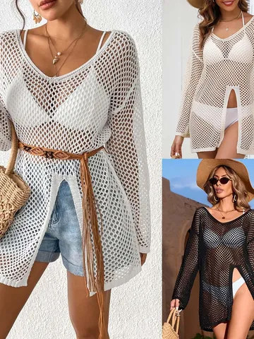 Women V-Neck Hollow Out Beach Cover-Up Crochet Side Slit Long Sleeve Polyester Bikini Coverup Dress For Vacation Beachwear