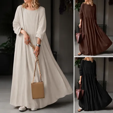 Women's Casual Cotton Linen Solid Color Maxi Dress Minimalist Loose Fit Long Sleeve A-Line Dress Top And Bottom