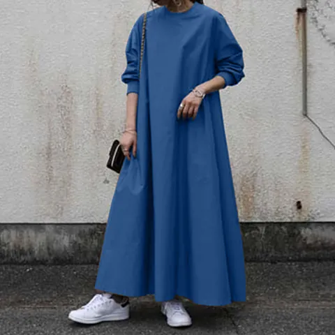 Women's Casual Solid Loose Maxi Dress Round Neck Ribbed Long Sleeve Oversized Long Dress Top And Bottom Fashion Outfit