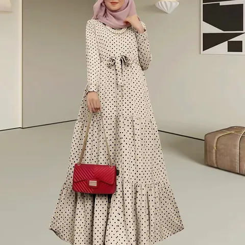 Women Plus Size Loose Polka Dot Mid-Long Dress With Belt Long Sleeve Ruffle Hem Printed Modest Maxi Dress Casual Commuter Gown