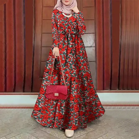 Women Vintage Floral Print Long Sleeve Maxi Dress Retro Round Neck Abaya Long Robe With Belt Elegant Casual Outing Dress