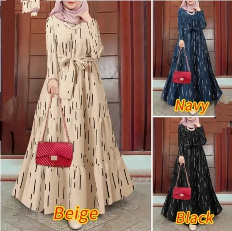 Women's Bohemian Printed Belted Maxi Dress Round Neck Long Sleeve Loose Casual Polyester Top And Bottom Dress For Vacation