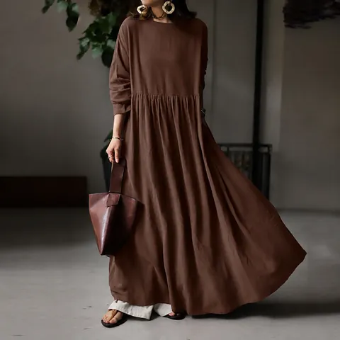 Women's Casual Cotton Linen Solid Color Maxi Dress Minimalist Loose Fit Long Sleeve A-Line Dress Top And Bottom