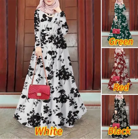 Women Elegant Floral Print Maxi Dress Loose Plus Size Polyester Long Sleeve Round Neck A-Line Dress With Waist Belt Daily Party Dress