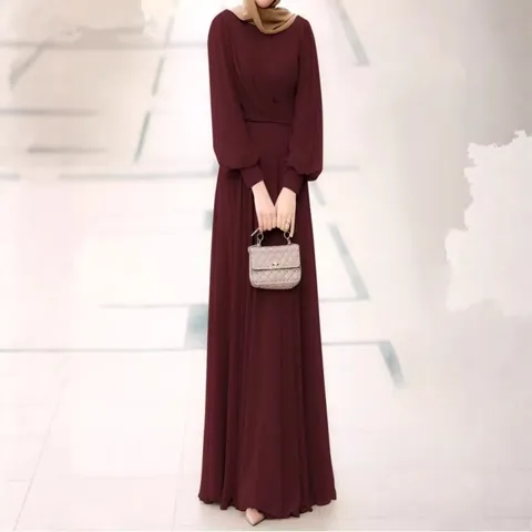 Women Elegant Polyester Puff Sleeve Maxi Dress Plus Size Loose Ruched Swing Long Dress Modest Muslim Abaya Dress For Party