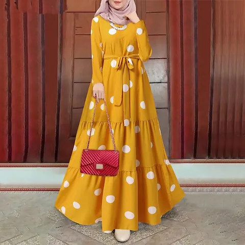 Robe Maxi pour Femmes Vintage Imprimé à Pois Élégant Manches Longues Ourlet à Étages Style Abaya Robe Pull avec Ceinture