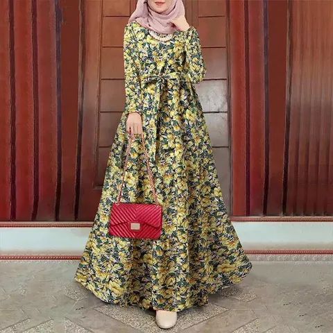 Women Vintage Floral Print Long Sleeve Maxi Dress Retro Round Neck Abaya Long Robe With Belt Elegant Casual Outing Dress