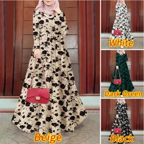 Women Vintage Floral Printed Long Sleeve Maxi Dress Polyester Loose Fit Pullover Dress With Belt Modest Kaftan Abaya