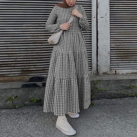 Women Gingham Puff Sleeve Tiered Maxi Dress Modest Elegant Round Neck Long Sleeve Flowy A-Line Dress Long Polyester Dress