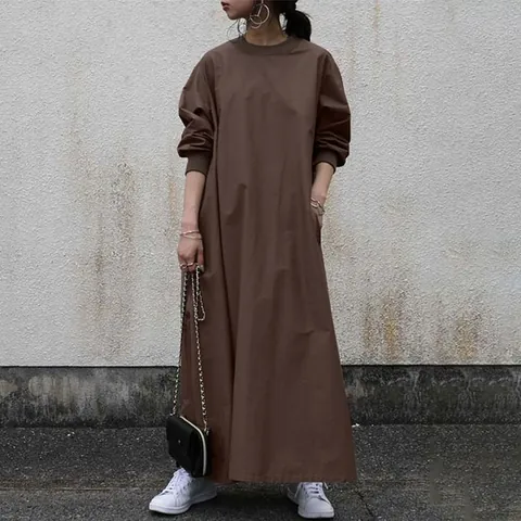Women's Casual Solid Loose Maxi Dress Round Neck Ribbed Long Sleeve Oversized Long Dress Top And Bottom Fashion Outfit
